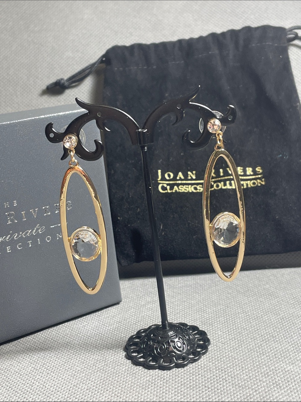 Joan Rivers Gold Oval Drop Earrings with Clear Stones